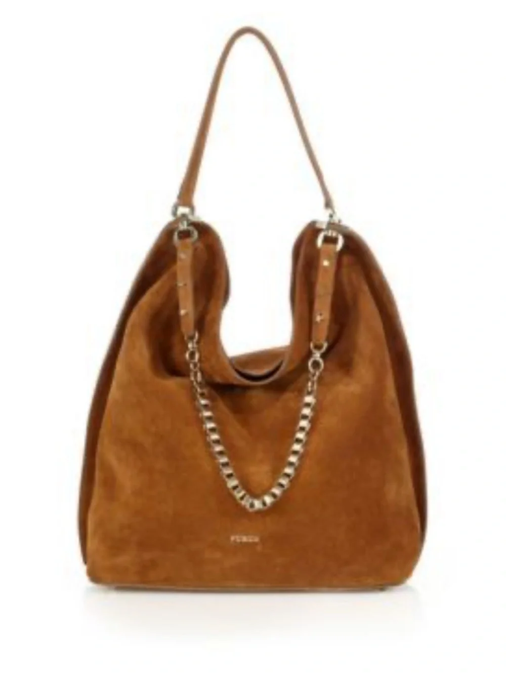 Furla Minerva Suede Hobo Bag Brown Chain Strap Shoulder Boho Luxe Italy Chic